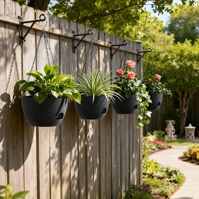 4 Pack 8 Inch Self Watering Hanging Planters for Indoor Outdoor Plants，Hanging Pots for Plants with Drainage Removable Tray, Hanging Baskets Flower Pots for Ivy Pothos Spider Garden Porch Black