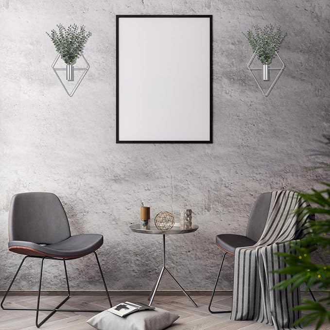 Jexine 4 Pcs Hanging Planters with Artificial Eucalyptus, Chrome Silver Wall Decor Metal Hanging Vase Indoor Plants Holder Modern Geometric Bathroom Decor for Living Room Home Office