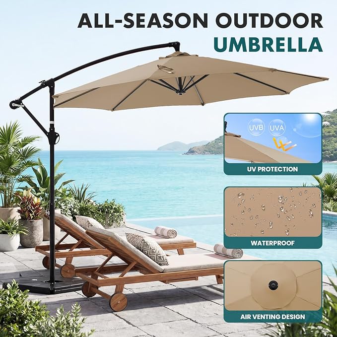 OLIXIS Offset Patio Umbrella, 9.7FT Cantilever Table Umbrellas for Outdoor Sun Shade UV Protection with Easy Tilt Adjustment, 8 Ribs for Backyard, Lawn, Garden, Pool - Khaki