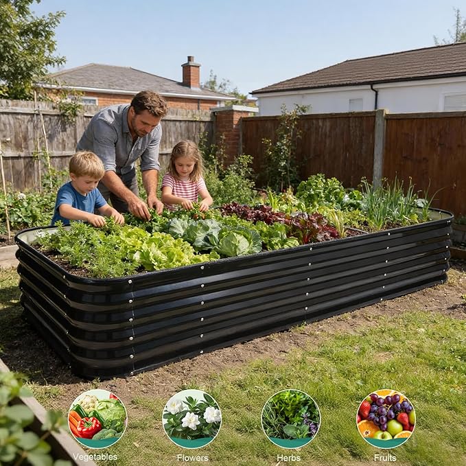 5 in 1Galvanized Raised Garden Bed - 8x3x1.4ft Modular Garden Planter Bed Outdoor | Steel Raised Bed Kit with Bracing Rods, Gloves for Gardening Vegetables Fruits and Flowers (Gray)
