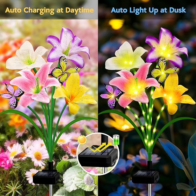 6 Pack Solar Garden Lights LED Solar Lilies Flower Lights, Yard Patio Pathway Decoration High Flexibility Copper Wire Handmade Silk Artificial Flowers Never Wither, Gift for Family, Friends