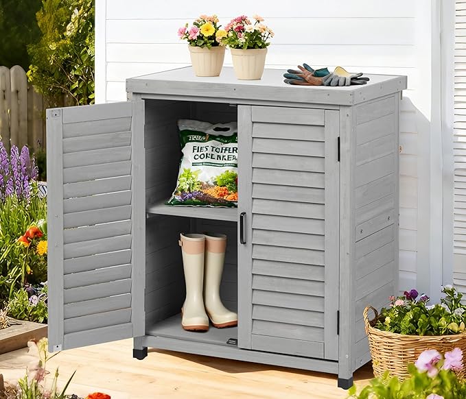 Outdoor Potting Bench with Storage Cabinet and Metal Top, Wood Workstation for Outdoor Patio, Garden (Light Grey, 31x17x36‘’)