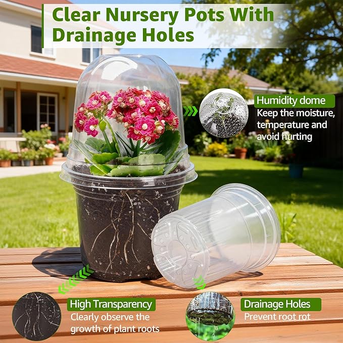 MIXC Clear Nursery Pots with Humidity Domes, 5/4/3.5 Inch Reinforced Transparent Plastic Pots for Planting with Drainage Holes, for Tomato Seedlings, Cactus, and Herbs, 30 Pack