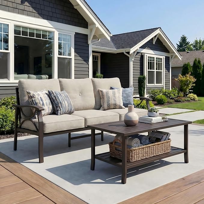 RoyalCraft 3 Seats Outdoor Patio Furniture Set, Outdoor Metal Sectional Furniture with Cushions, Outdoor Conversation Set with Coffee Table for Balcony, Backyard, Garden, Deck, Beige