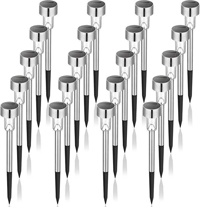 GIGALUMI Solar Pathway Lights, Stainless Steel IP44 Waterproof Auto On/Off Outdoor LED Solar Landscape Lights for Garden, Yard, Patio, Path and Walkway(20 Pack, Cold White)