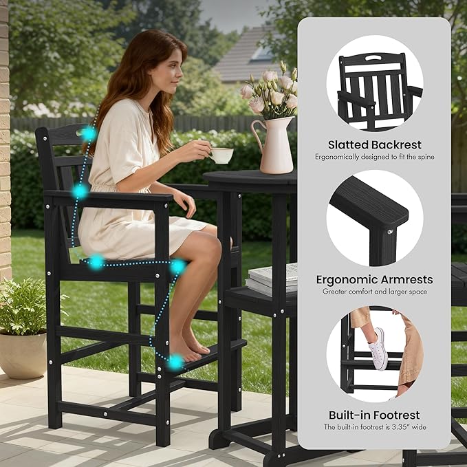 Ciokea 3-Pcs Bistro Table and Chairs, All-Weather Round High Top Bar Table with Storage Shelf and 2 Oversized Adirondack Chairs, Heavy Duty Outdoor Bar Set Patio Bistro Set for Balcony Deck, Black