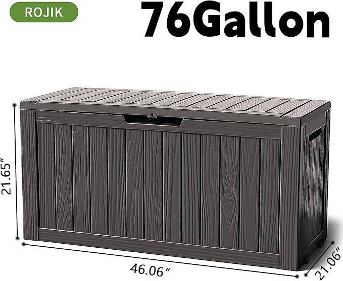 ROJIK Outdoor Storage Housing Deck Box - Waterproof Patio Furniture, Garden Tools, Cushions, Pool Accessories Storage Bench with Lockable Lid and Side Handles (Black 76 Gal)