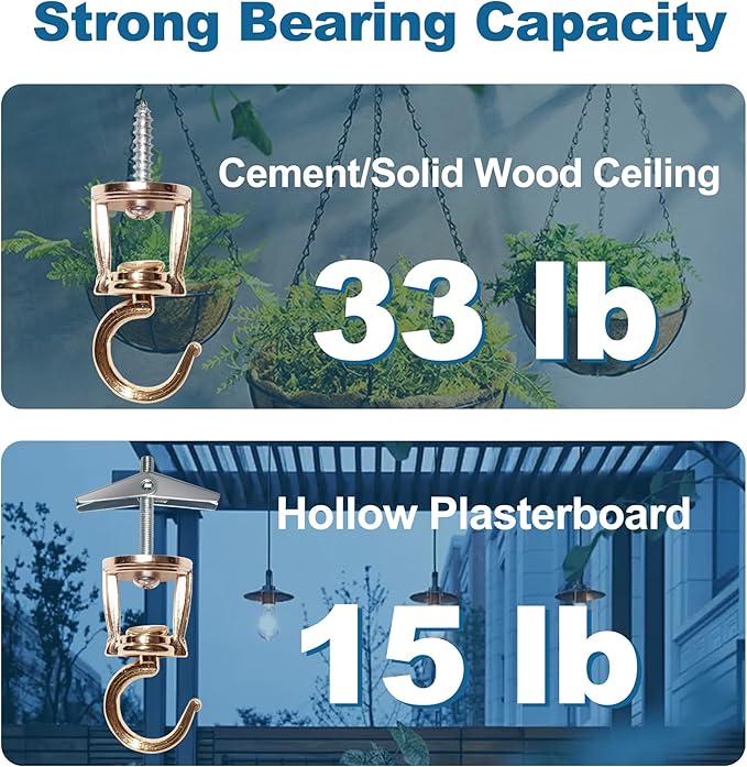 ONIKK Ceiling Hooks for Hanging Plants (2 PCS Gold), Heavy Duty Metal Plant Hooks, Screw in Hooks for Hanging Birdfeeders, Lamps, Planters, Indoor Outdoor Wall Baskets Hooks up to 33 lbs