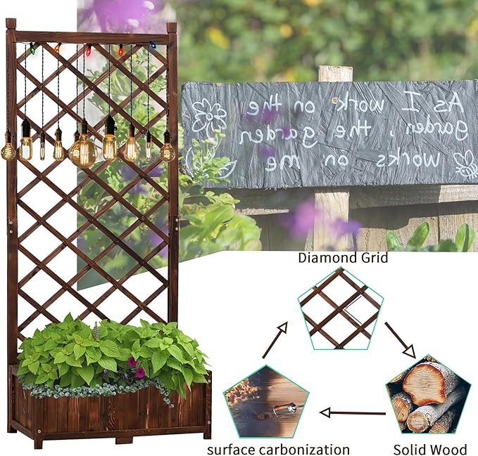 Anraja Raised Garden Bed Planter with Trellis Outdoor Wood Box 67in Set of 2 Flower Standing Planter Box Privacy Lattice Panels with Legs for Patio Porch w/Drainage Holes 29.5" L x 17.0" W x 67.0" H
