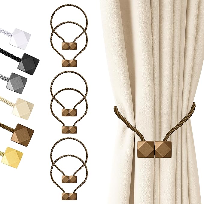 Hion Magnetic Curtain Tiebacks Dark Brown 6 Pack, Curtain Tiebacks Buckles Holdbacks Holders Hooks Clip for Home Bedroom Office Decorative Thick or Thin Curtain