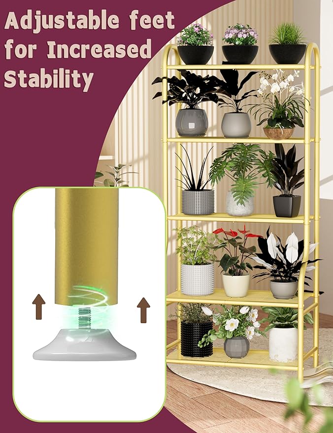 5-Tier Metal Plant Stand Indoor Outdoor, Waterproof Flower Stand for Multiple Pots, Heavy Duty Plant Stands for Living Room Patio Garden Decor, Tall Plant Shelf with Leveling Feet, Gold