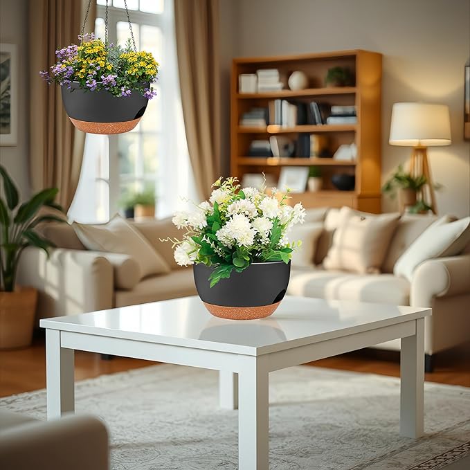 2 Pack 12 Inch Self Watering Hanging Planters for Indoor Plants, Large Black Brown Plastic Hanging Pots with Chains for Outdoor Patio Garden Home Decor Black Brown