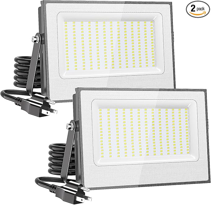 Onforu 200W Flood Lights Outdoor,19000lm Bright LED Work Light with Plug,6500K Daylight White LED Flood Lighting,IP66 Waterproof Security Yard Lights for Yard Garage Stadium 2 Pack