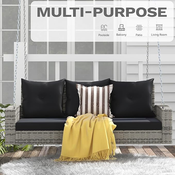 DWVO 3-Seats Wicker Hanging Porch Swing Chair Outdoor Gray Rattan Patio Swing Lounge 3 Back Cushions Capacity for Garden, Balcony, Gray Rattan Black Cushion