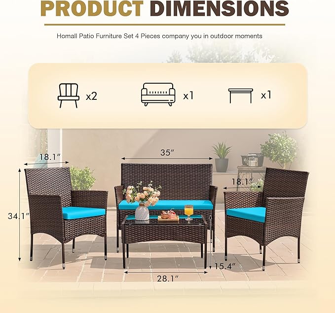 Homall 4 Pieces Patio Rattan Chair Wicker, Outdoor Indoor Use Backyard Porch Garden Poolside Balcony Furniture Sets (Blue)