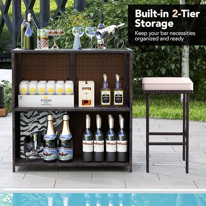 Tangkula 3 Piece Patio Bar Set, Outdoor Rattan Bar Table and 2 Stools with Tempered Glass Tabletop, 2-Tier Storage, Removable Cushions, Outside Wicker Conversation Set