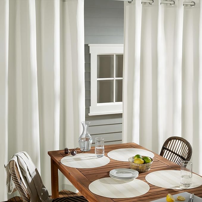Town & Country Basics Cabana Solid Heavyweight Indoor Outdoor Curtains, Light Filtering Opacity with Grommet Top, Water Repellent, 2-Pack Set, 54"x63", Vanilla