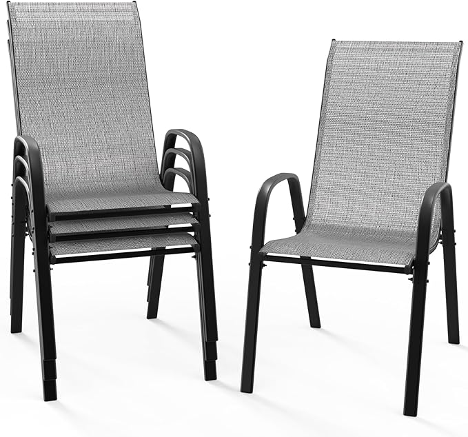VINGLI Patio Chairs Set of 4 – Stackable Outdoor Dining Chairs with Comfortable Sling High Back Chairs and Armrests for Lawn, Poolside, Courtyard, Balcony, Garden, Silver Gray