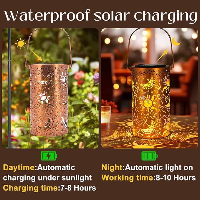 Solar Lanterns Outdoor Hanging Lantern Lights,Sun Moon Metal Decor Lanterns-Waterproof LED Decorative Light for Garden Patio Yard Lawn Backyard Front Porch as Gifts for Mom Grandma Women