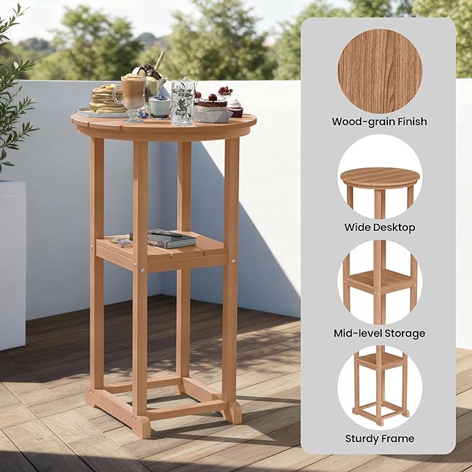 Ciokea 3-Pcs Bistro Table and Chairs, All-Weather Round High Top Bar Table with Storage Shelf and 2 Oversized Adirondack Chairs, Heavy Duty Outdoor Bar Set Patio Bistro Set for Balcony Deck, Teak