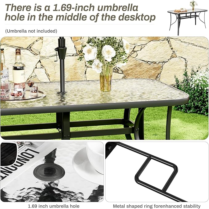 TLSUNNY Patio Outdoor Table W/ 1.69″ Umbrella Hole, 30"X 55" Rectangular Tempered Glass Patio Dining Table for 6, Outdoor Metal Furniture, All-Weather Use, for Patio, Graden, Backyard (Black)