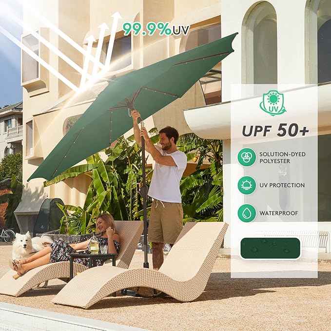 JEAREY Upgrade 9FT LED Lighted Patio Umbrella, Solar Outdoor Umbrella, Tilt Table Umbrella for Pool, Deck & Yard(Dark Green)