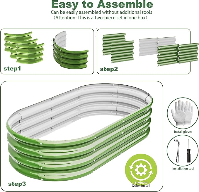 4x2x1ft-2pcs-Oval Raised Garden Bed Kit, Galvanized Planter Garden Boxes Outdoor, Metal Raised Garden Beds for Vegetables,Fruits, Flower,Green