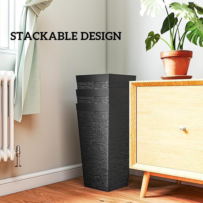 Outsunny 22.8 Inch Tall Planters for Outdoor Plants, Set of 3 Plastic Flower Pots with Stone Finish and Wheels, Stackable Tapered Planters with Drainage Hole for Indoor Plants, Front Porch, Black