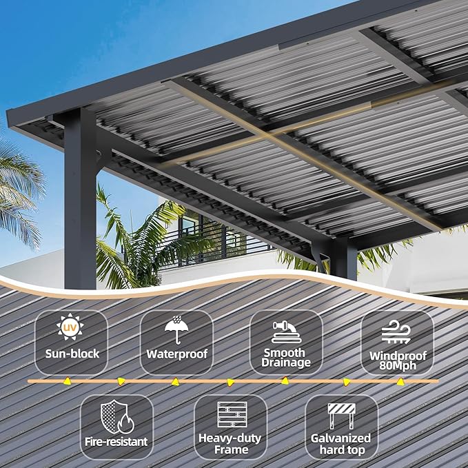 AECOJOY 8x8 Hardtop Gazebo Outdoor Pergola, Small Heavy Duty Lean to Metal Pergolas and Gazebos Clearance, Wall-Mounted Grill Gazebo Galvanized Steel Patio Roof Awnings for Patio, Decks