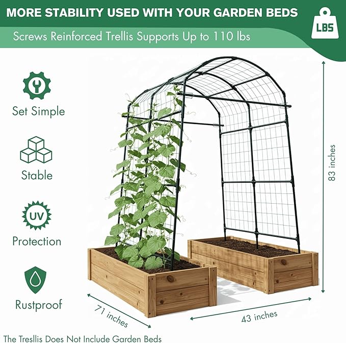 Garden Trellis Arch 7FT PP-Coated Stainless Steel Metal Extra Tall Cucumber Trellis Arch Garden Arch Trellis for Climbing Plants Outdoor Vegetable Trellis with Trellis Netting