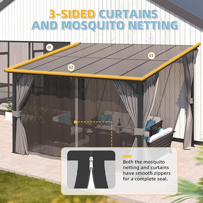 AECOJOY Wall Gazebo 12’ x 10’ with Curtains and Mosquito Netting, 10'x12' Hard Top Gazebos Pergola on Clearance, Outdoor Patio Lean to Gazebo Canopy Awnings for Deck, Porch, Backyard and Outside