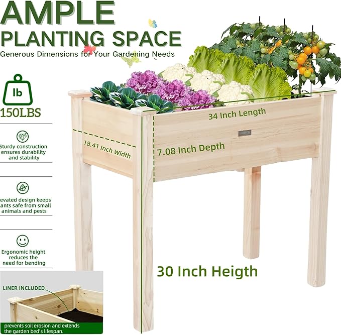 34x18x30in Wooden Raised Garden Bed with Legs,Elevated Reinforced Planter Box with Bed Liner for Backyard/Patio/Gardener,150lb Capacity - Natural