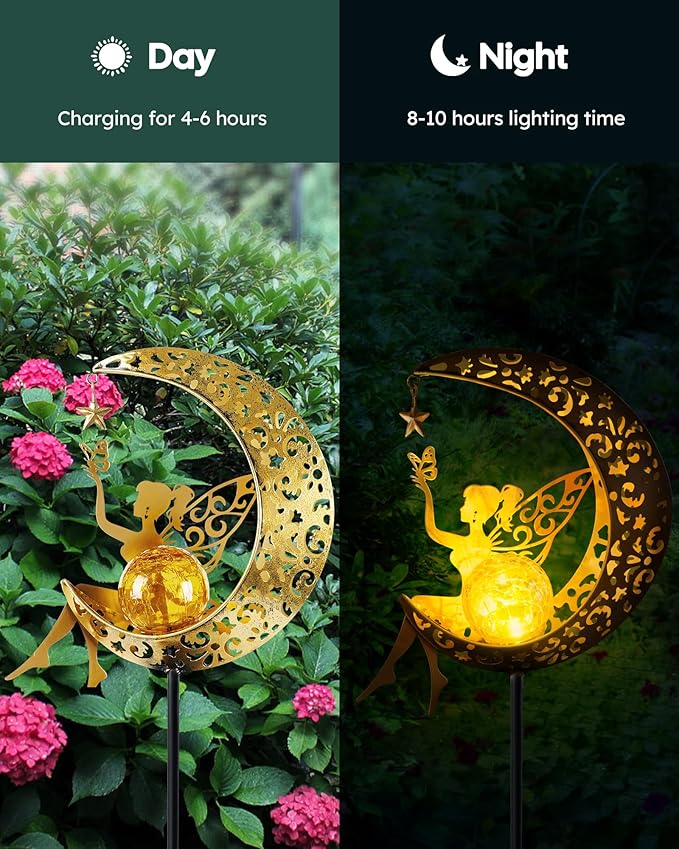 Solar Garden Statues Outdoor Decor, Fairy Moon Figurine Light Stake, Housewarming Ornament for Patio, Lawn, Yard, Pathway - Unique Gift Ideas for Gardening Mom Grandma