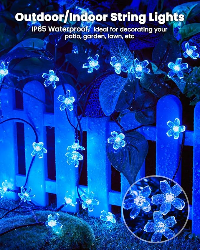 Brightown 60 LED Solar Flower String Lights for Outside Waterproof Fairy Lights for Garden Yard Fence Patio Christmas Tree Wedding Party Decor, Blue