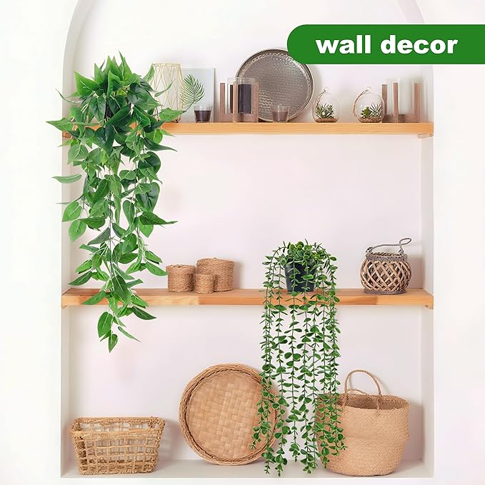 Der Rose 4Pcs Fake Plants Hanging Artificial Ivy Vine Faux Eucalyptus Hanging Plants, Boston Fern, String of Pearls for Living Room Bedroom Boho Wall Shelf Indoor Outdoor Decor