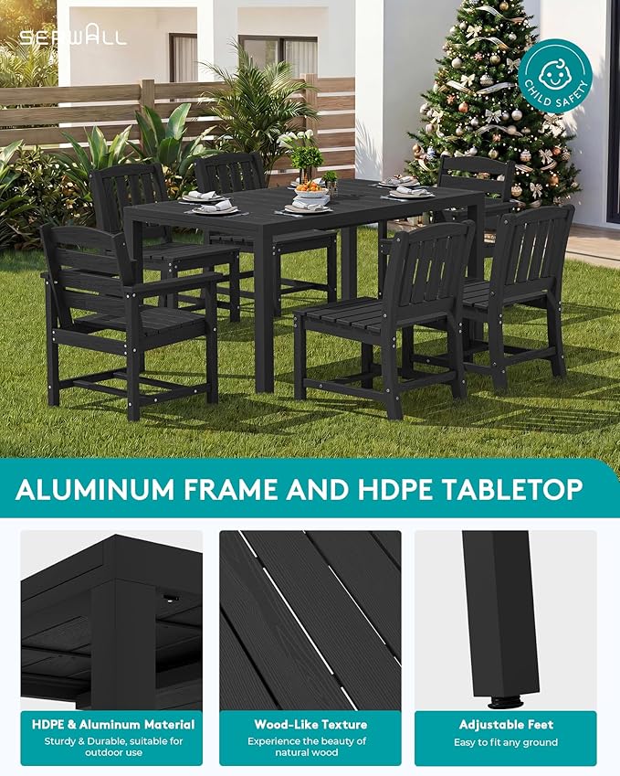 SERWALL 7-Piece Outdoor Dining Set, 60" - 83" Expandable Outdoor Dining Table and 6 HDPE Chairs, All Weather HDPE Outdoor Furniture Set for Backyard, Garden, Black
