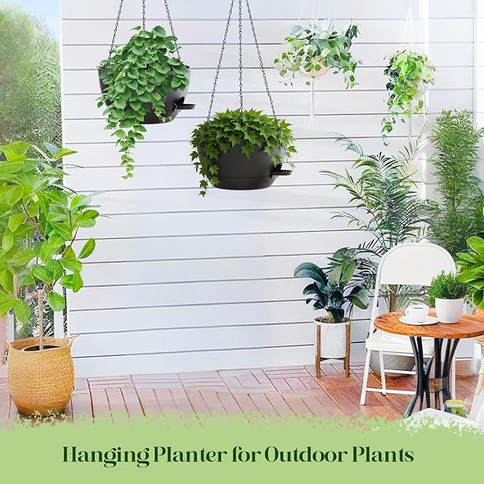 2 Pack 10 Inch Self Watering Hanging Planters for Indoor Plants, Large Black Plastic Hanging Pots with Chains for Outdoor Patio Garden Home Decor (Black)