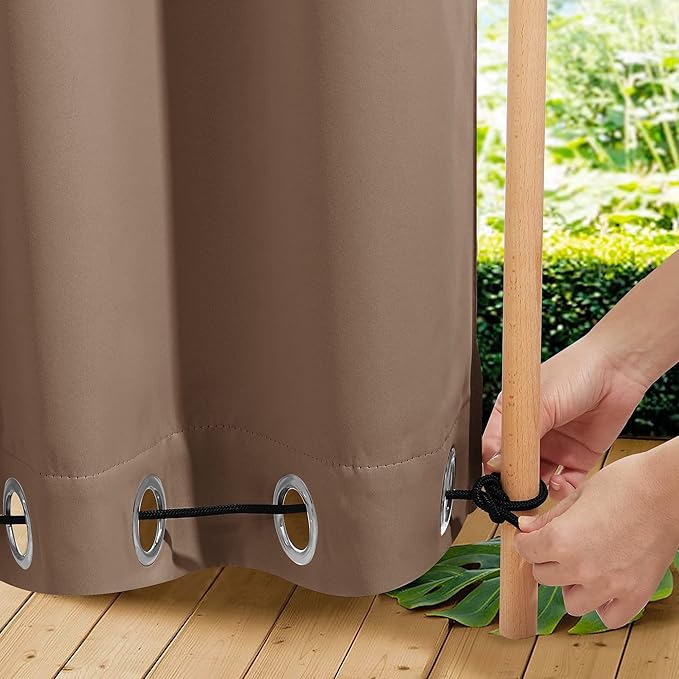 NICETOWN 2 Panels Waterproof Outdoor Curtains for Patio, Windproof W100 x L84 Grommet & Back Tab on Top & Bottom Thermal Insulated Sun Blocking Privacy Drapes with Rope for Gazebo, Tan