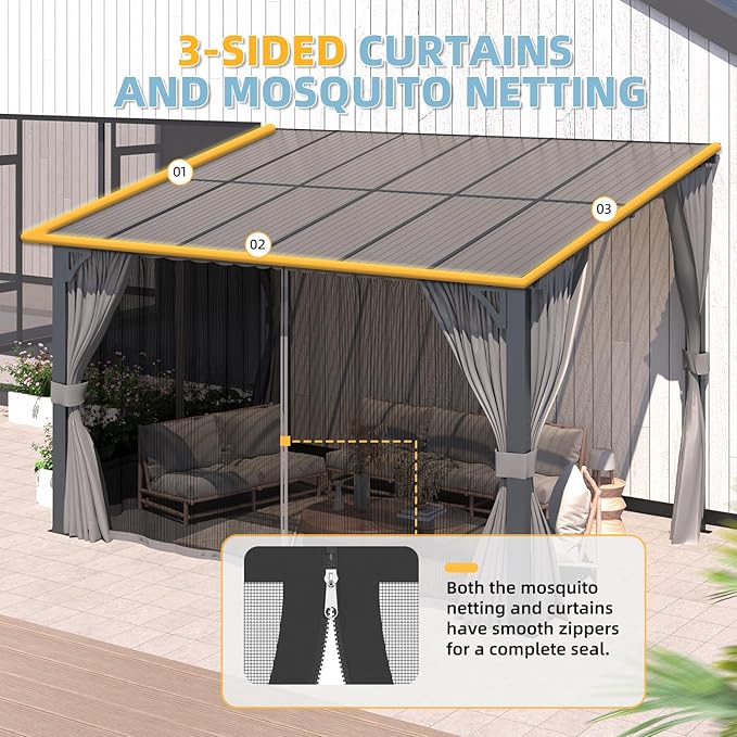 AECOJOY 12' x 8' Gazebo Outdoor Pergola with Curtains and Netting, 8'x12' Hard Top Lean to Pergolas and Gazebos Clearance with Patio Roof, Large Wall-Mounted Heavy Duty Awnings for Patio, Decks