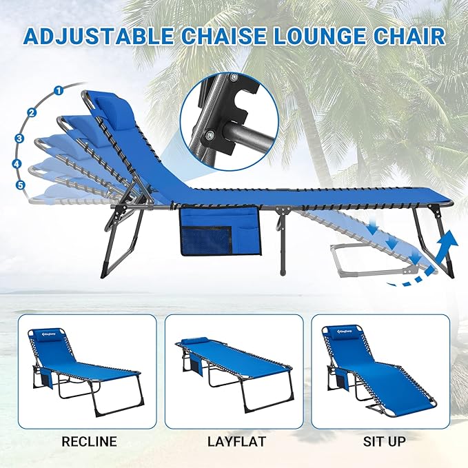 KingCamp Lounge Chair Outdoor, Folding Tanning Chairs Comfy Adjustable 5-Position Lay Flat Foldable Chaise Chaser Lounger with Pillow for Outside Beach Patio Sun Bathing Pool Backyard, Blue