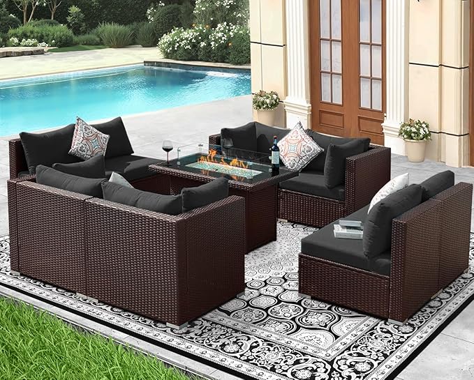 NICESOUL 9pcs Patio Furniture Set with Fire Pit Propane/Gas, 29.3'' High Back Modern Comfy Outdoor Conversation Set, Extra Wide Modular Sofa for Heavyweight, Brown Rattan and Dark Gray Cushion