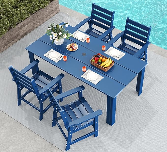 GREENVINES 5-Piece Outdoor Dining Set | HDPE | Patio Table and Chairs Sets for 4 | Patio Furniture | All Weather | Umbrella Hole | Blue| for Backyard Poolside Garden