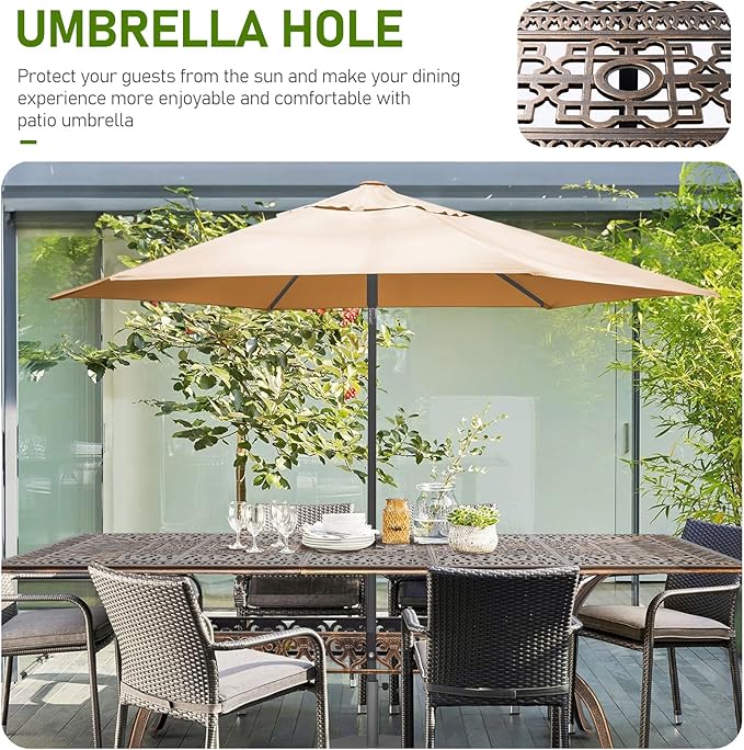 VINGLI 8-Person Outdoor Dining Table, Metal Dining Table with Umbrella Hole Cast Aluminum Patio Table, Rectangle Table Outdoor Furniture Garden Table (87”Lx42W”x28.5”H)