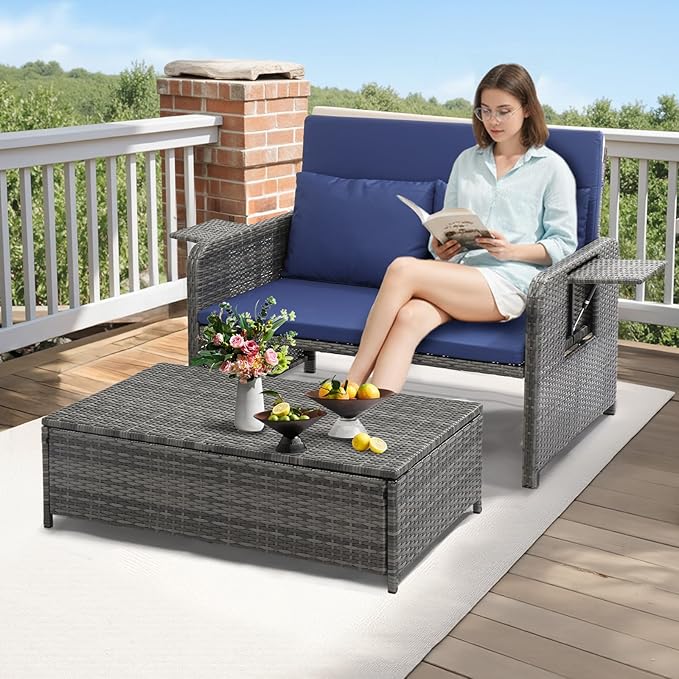 VINGLI Patio Daybed, Wicker Outdoor Daybed with Storage Ottoman & 5-Level Adjustable Backrest, All-Weather Rattan Cushioned Patio Loveseat Sofa for Garden Balcony Backyard (Navy, Gray)