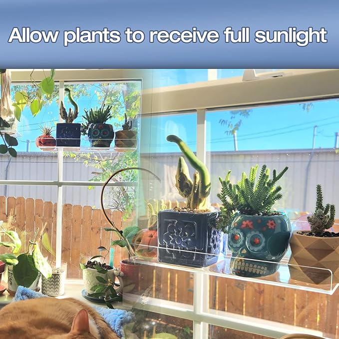 2-Pack 15 Inch Acrylic Window Boxes Plant Shelves, with Suction Cup Window Sill Extender, for Indoor/Outdoor Succulents, Micro Greens, Seed Starter Pots, Herb Planters