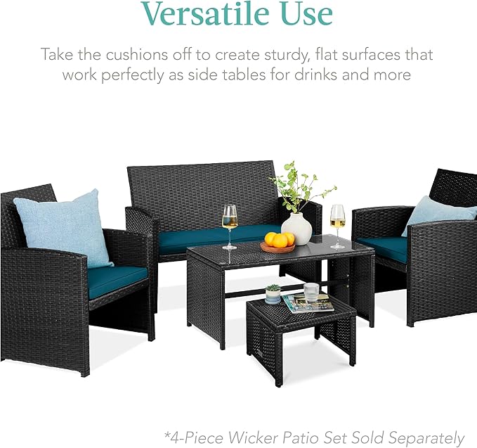 Best Choice Products Set of 2 Wicker Ottomans, Multipurpose Outdoor Furniture for Patio, Backyard, Additional Seating, Footrest, Side Table w/Removable Cushions, Steel Frame - Peacock Blue/Black