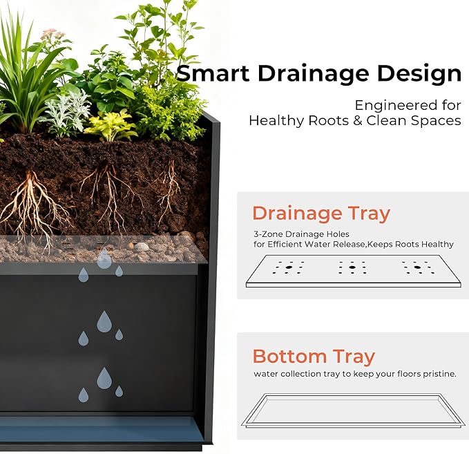 Worth 28" Galvanized Steel Planter Box, Outdoor Rectangular Tall Metal Planter with Insert Shelf & Drainage Holes, Matte Black Standing Plants Box for Patio, Garden, Balcony