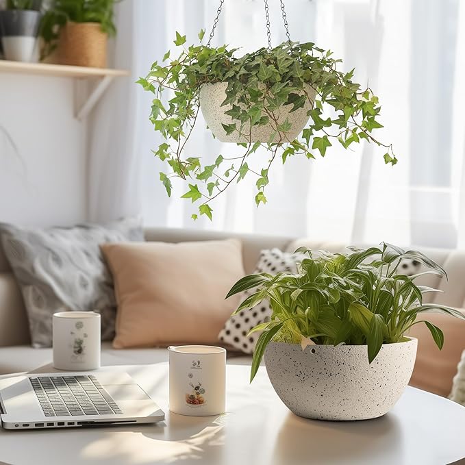 T4U 8 Inch Hanging Planters for Indoor Plants, 2 Pack Hanging Planter, Hanging Plant Pots with Drainage Holes and Chain, Hanging Basket Pots for Garden Home Porch Decor, White