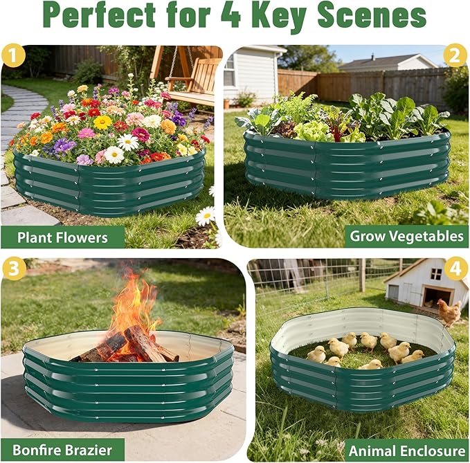 Hexagon Raised Garden Bed, 48 Inch Diagonal & 12 Inch Tall, Galvanized Steel Planter Box with Wave-Shaped Metal Panels for Outdoor Flower,Tree,Herb & Vegetable Garden (Dark Green, 4FT X 1FT)