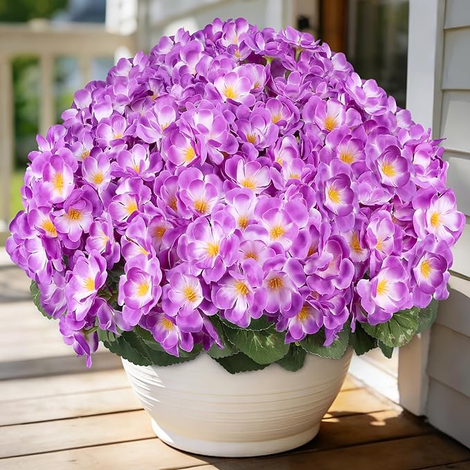 Artificial Geraniums Flowers for Outdoors, 6 Bundles Realistic Silk Fake Geranium, UV Resistant Faux Plants for Hanging Baskets, Window Boxes, Planters - Porch, Patio, Garden Decor(Purple)